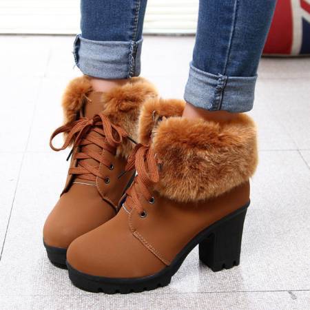 Coarse Heel lace-up Cotton Boots With Lady Fur Hem