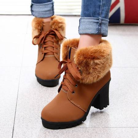 Coarse Heel lace-up Cotton Boots With Lady Fur Hem