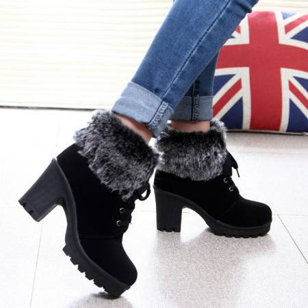 Coarse Heel lace-up Cotton Boots With Lady Fur Hem