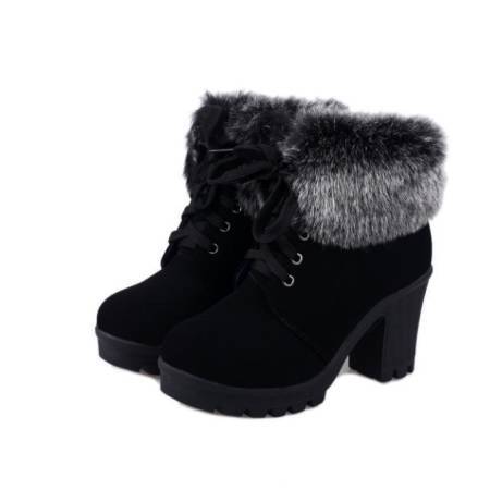 Coarse Heel lace-up Cotton Boots With Lady Fur Hem