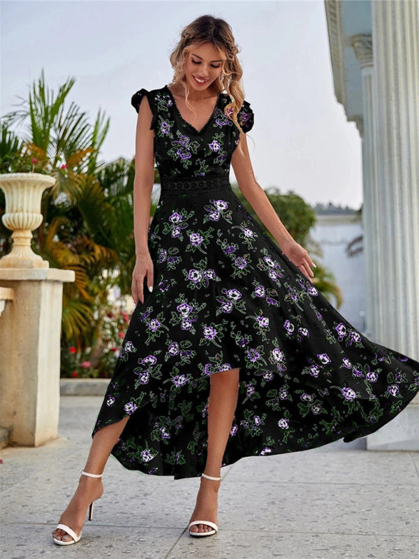 Women's Floral Print V-neck Flutter Sleeve High-low Chiffon Dress