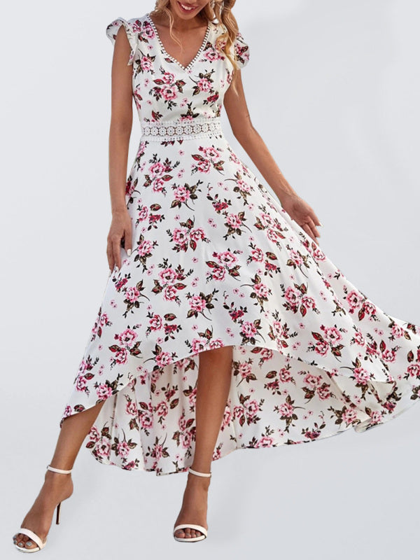 Women's Floral Print V-neck Flutter Sleeve High-low Chiffon Dress