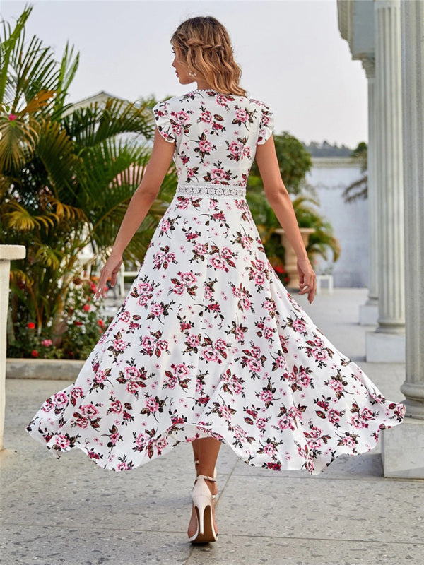 Women's Floral Print V-neck Flutter Sleeve High-low Chiffon Dress