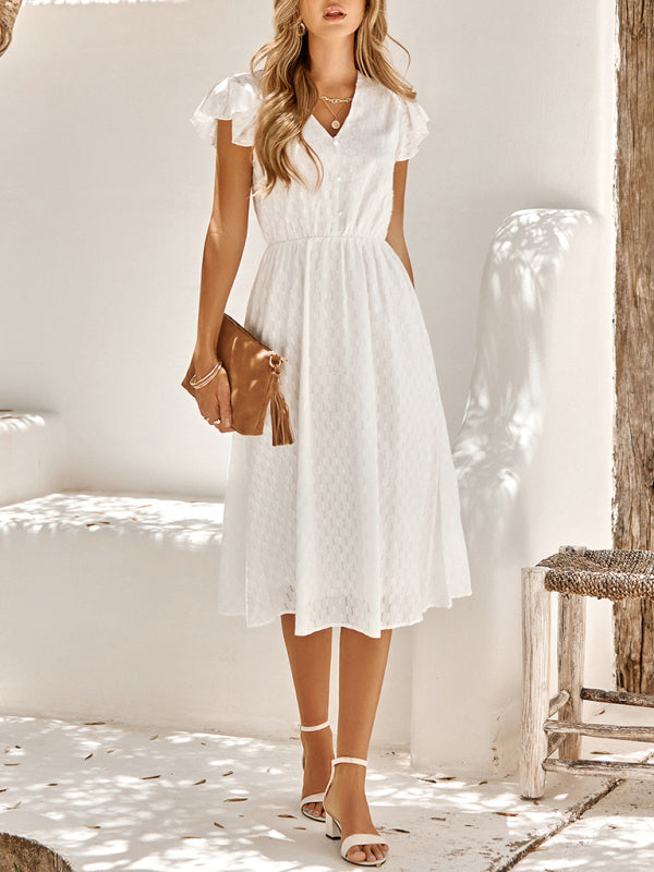 Women's Solid Color embroidered Flutter Sleeve Midi Dress