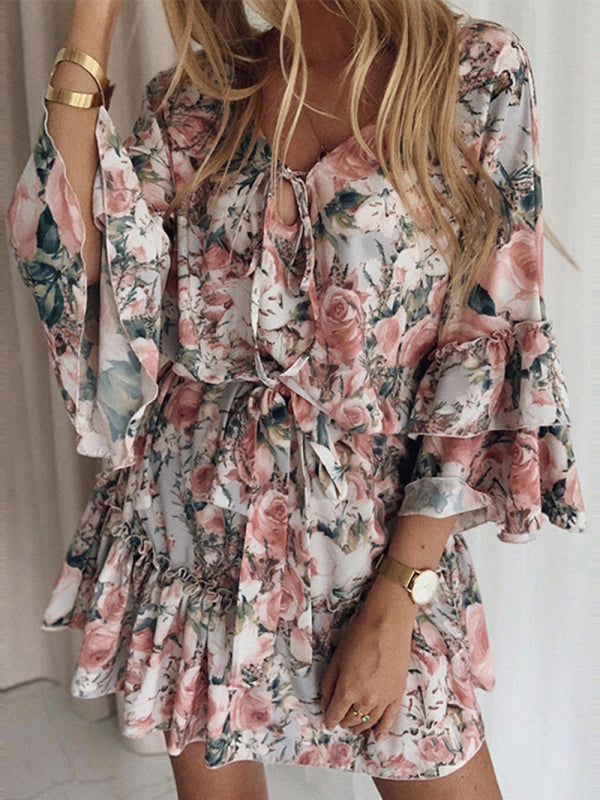 Women's Floral-print Ruffle-sleeve Tiered Ruffle Mini Dress