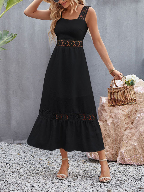 New style solid color hollow lace stitching square collar sleeveless suspender dress