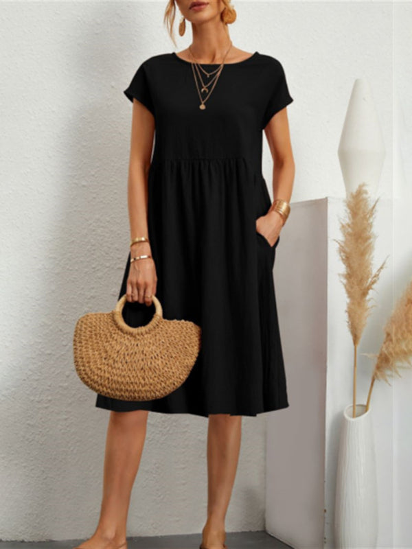 Women's Solid Color Cotton Linen Round Neck A-Line Dress