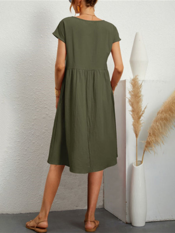 Women's Solid Color Cotton Linen Round Neck A-Line Dress