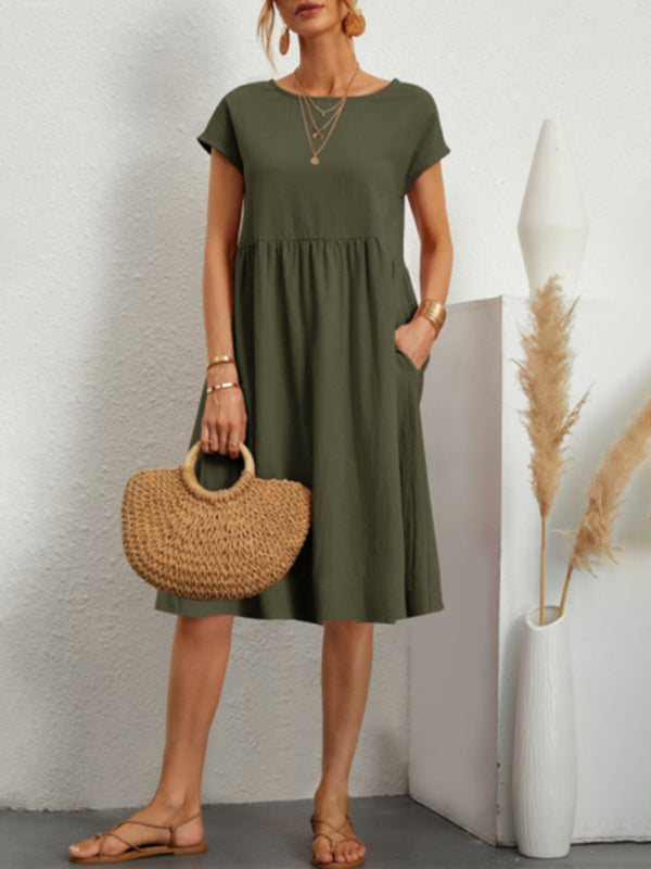 Women's Solid Color Cotton Linen Round Neck A-Line Dress