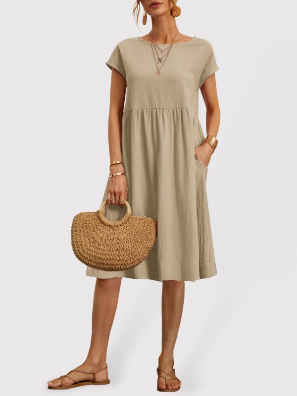 Women's Solid Color Cotton Linen Round Neck A-Line Dress