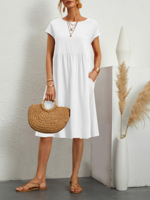 Women's Solid Color Cotton Linen Round Neck A-Line Dress