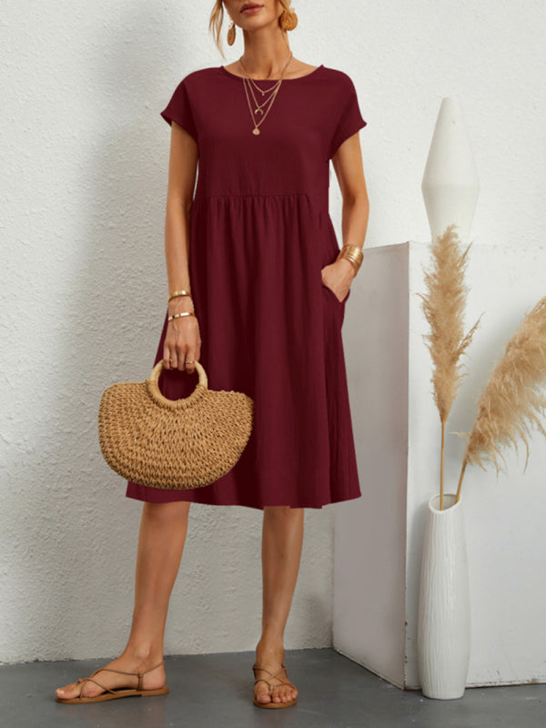 Women's Solid Color Cotton Linen Round Neck A-Line Dress