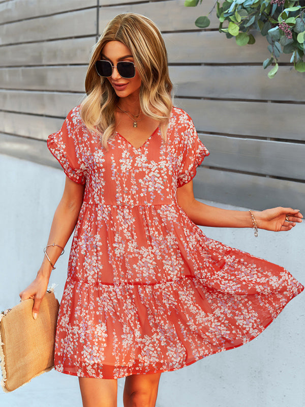 Women's Floral Print Ruffle Knit Dress