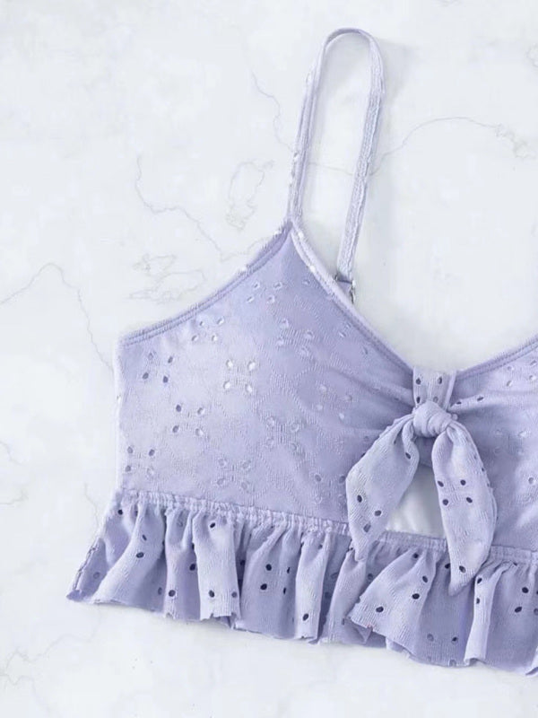 Women's Solid Color Eyelet Tie Front Ruffle Crop Tank With Matching Ruffle Hem Mini Skirt