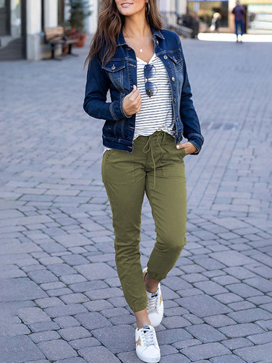 Women's Slim Pocket Cropped Pants New Solid Color Lace-Up Leisure Pants