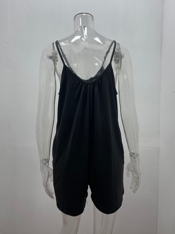 Women's Casual Suspender Shorts Solid Color Round Neck Loose Pocket Jumpsuit