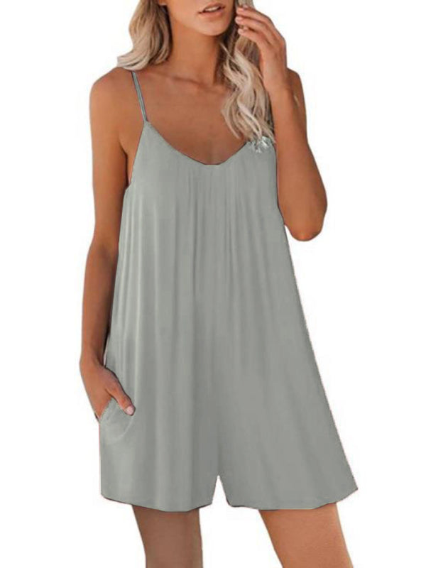 Women's Casual Suspender Shorts Solid Color Round Neck Loose Pocket Jumpsuit