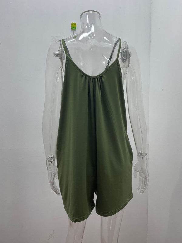 Women's Casual Suspender Shorts Solid Color Round Neck Loose Pocket Jumpsuit