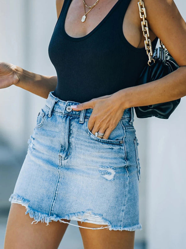 Women's New Casual Ripped Denim Skirt